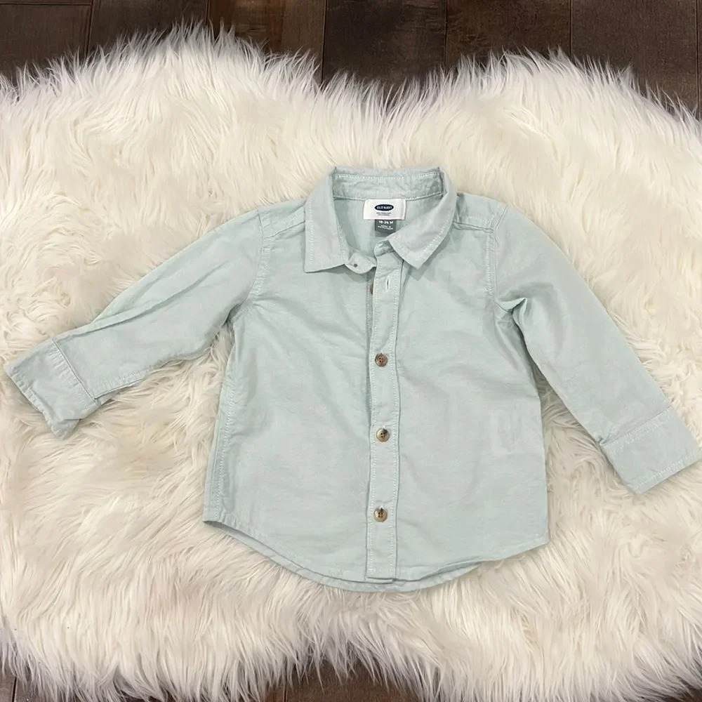 Old Navy toddler boy teal long sleeve button down dress shirt size 18-24 months